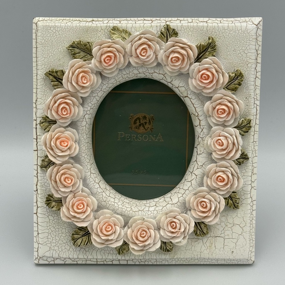 Coquette Rose Picture Frame 3.5 x 5 Crackle Finish Vintage Floral Decor‎